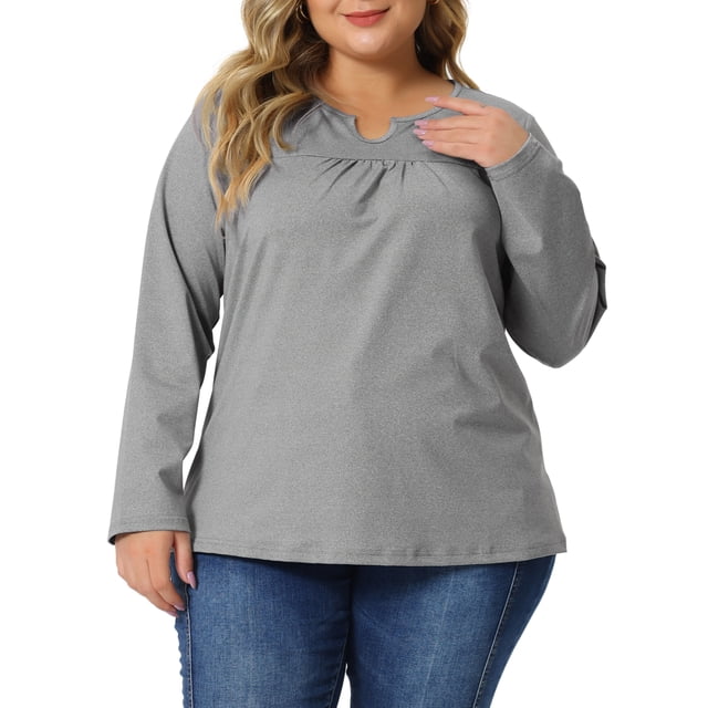 Tops de mujer plus size Agnes Orinda, camisetas de manga larga con cuello acanalado y recogido, blusas sueltas y casuales, talla 1X, color gris