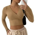 thumbnail image 2 of Hfyihgf Women's Wrap V-Neck Cropped Sweater Long Sleeve Slim Fit Ribbed Knitted Workout Pullover Tops(Khaki,S), 2 of 8