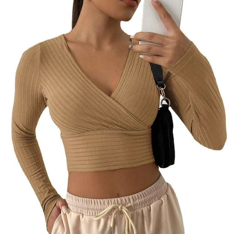 Fashion Women Sexy Solid Long Sleeve Tops Deep V Neck Zip Bandage
