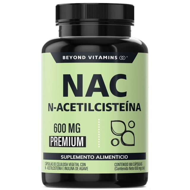beyond vitamins | nac n- acetil cisteína 600mg ultra-premium con inulina de agave (prebiótico natural) | n-acetyl cysteine - antioxidante - detox - vitaminas mujer / hombre - (180 cápsulas) Frasco frontal con etiqueta verde pistache y tapa negra; texto principal "NAC N-ACETILCISTEÍNA 600 MG PREMIUM", indica "180 cápsulas", sello de suplemento alimenticio, icono de hoja; etiqueta menciona cápsulas veganas y «sin colorantes ni azúcares».