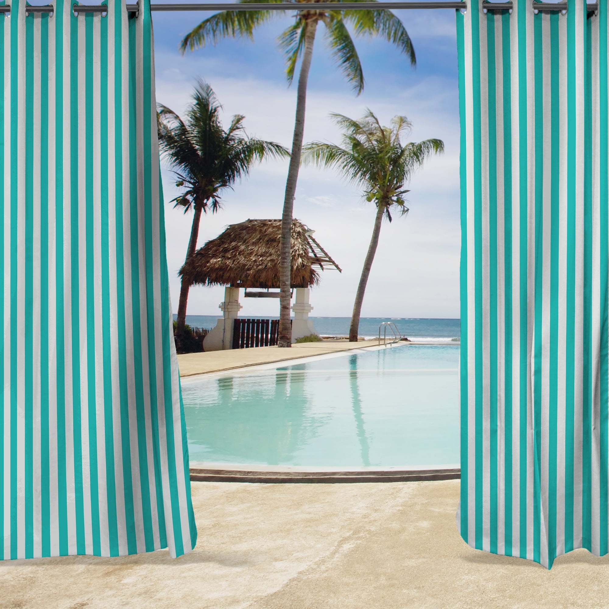 Jordan Manufacturing 54" x 84" Ocean Aqua Stripe Grommet Semi-sheer Outdoor Curtain Panel (2 Pack)