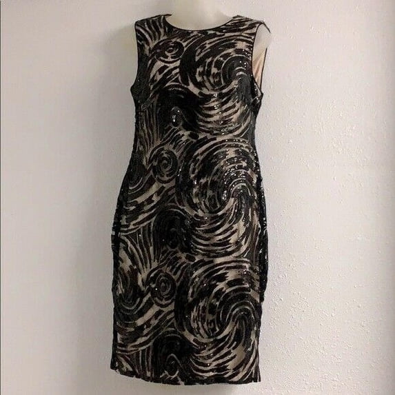 Calvin klein Women Black Sequin Sheath Dress size 8 Black with nude lining B4HP