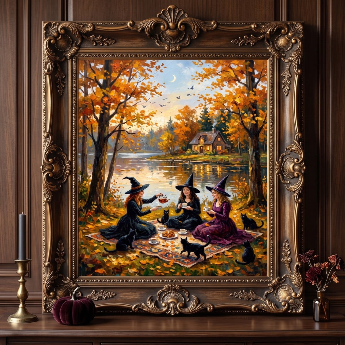 Autumn Witch Tea Party Wall Art Cottagecore Halloween Wall Art