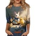 thumbnail image 3 of Easter Top for Women Crew Neck 3/4 Sleeve Tops Bunny Eggs Print Trendy Holiday Outfits Shirts Loose Fit Casual T-Shirts, #01 Blue, 3XL, 3 of 6