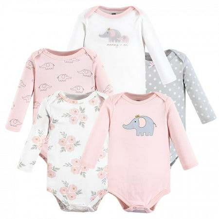

Hudson Baby Infant Girl Cotton Long-Sleeve Bodysuits Pink Gray Elephant 5-Pack 9-12 Months