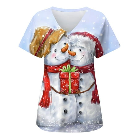 

Womens Christmas Print Short Sleeve Pocket V Neck Overalls T Shirt Short Sleeve Top Womens Foil Top Layering Long Sleeve Medium Women Shirt Small Long Sleeve Shirt Hiking Shirts Women under Scrub