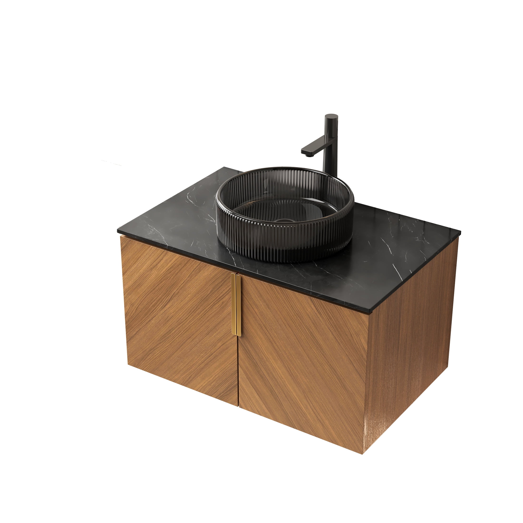 Noble House ARAI 30" Floating Plywood Bathroom Vanity, Sintered Stone Top Cabinet with Black Glass Round Vessel Sink, Oak