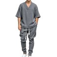 thumbnail image 2 of LEKWK Men Lounge Set Textured 2 Piece Matching Outfits V Neck Short Sleeve Top and Drawstring Jogger Pants with Pockets Fall Vacation Outfits, 2 of 5