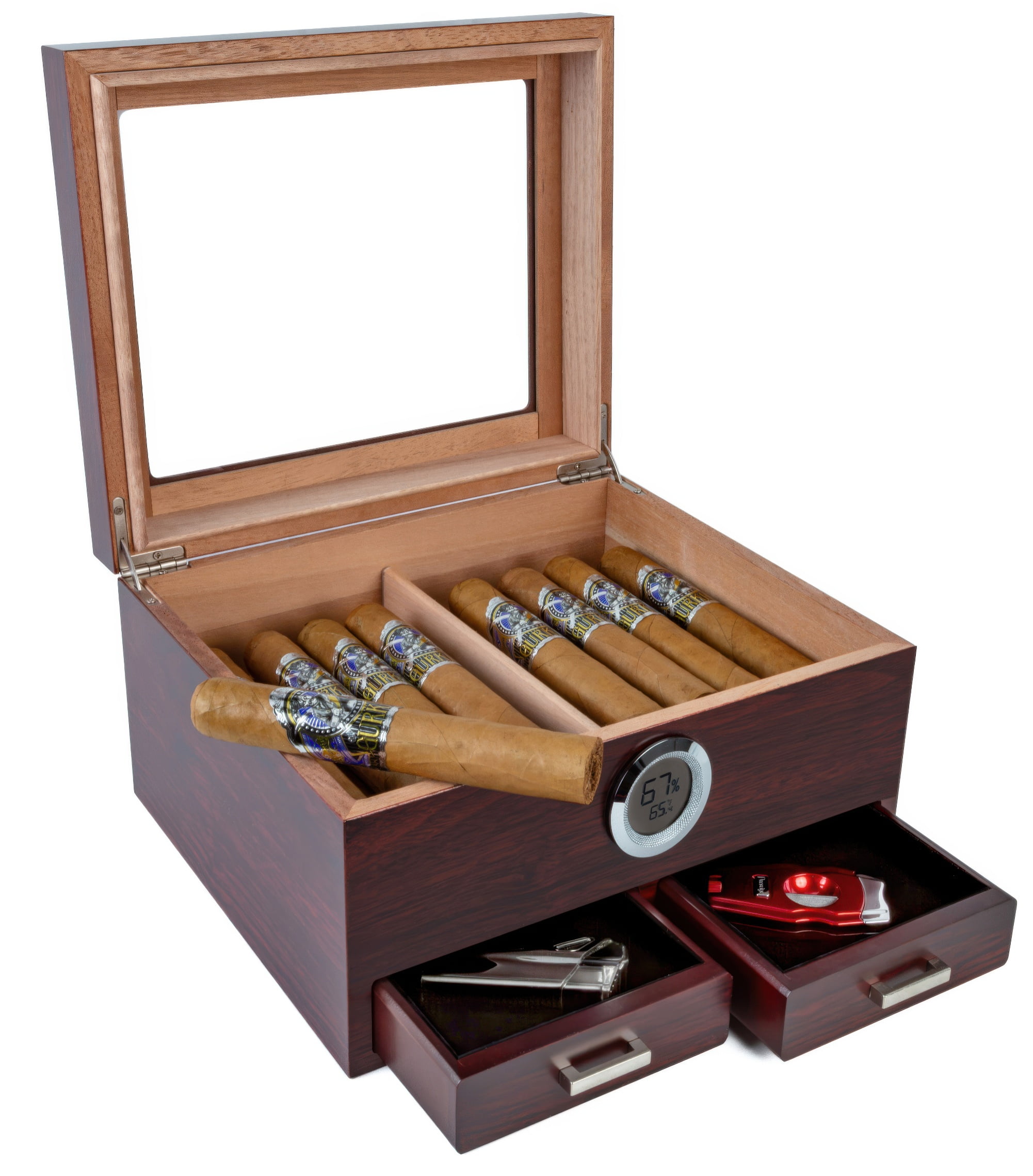 Prestige Import Group Chalet Glass Top Cigar Humidor with Digital Hydrometer & 2 Storage Drawers - 25 to 50 Capacity - Color: Cherry