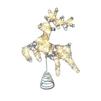 LED Lighted Reindeer Christmas Tree Topper, Metal Xmas Glitter Elk Treetop Ornaments with LED Warm White Lights, Battery Powered Light up 2D Deer Christmas Tree Decorations