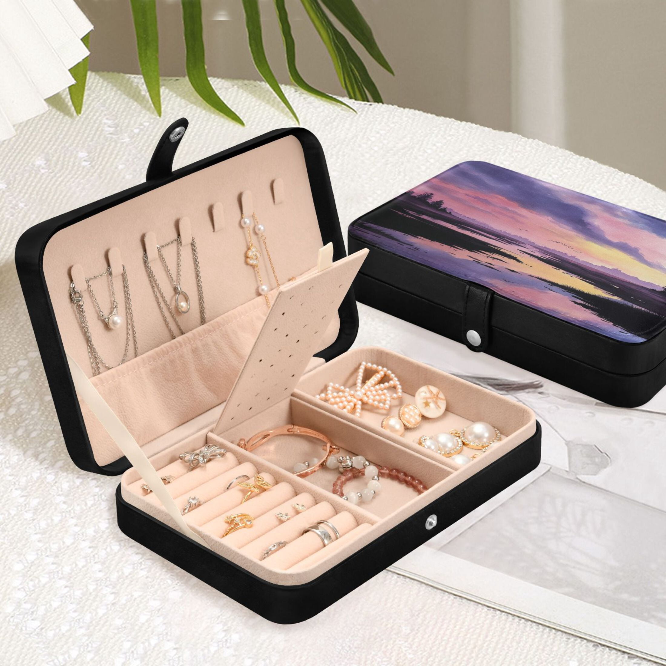 Leather Jewelry Box Rectangular 8.27x5.5x1.78In Travel Jewelry Storage Earrings Necklace Bracelet Watch Brooch Storage Beautiful Sky