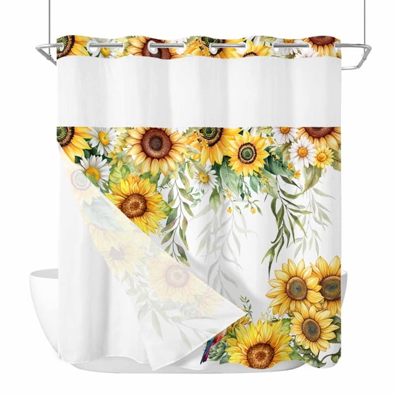 No Hook Shower Curtain, Spring Sunflowers Long Bathtub Curtains with Snap in Liner, Birds Watercolor Botanical Garden Floral Waterproof Washable Fabric Bathroom Curtain Sets, 72"W x 78"L