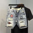 thumbnail image 3 of Pantalones cortos de mezclilla grises para hombre con orillo gráfico y texto, pantalones vaqueros cortos holgados para hombre, pantalones cortos anchos, moda coreana, tendencia fina de verano 2024, 3 of 5