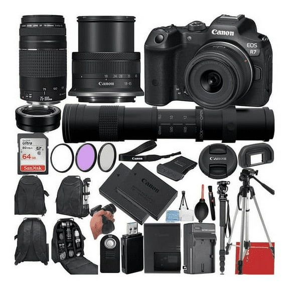 Canon EOS R7 Mirrorless Camera with 18-45mm, EF 75-300mm & 420-800mm Lenses   Mount Adapter   20 Essential Accessories for Content Creators