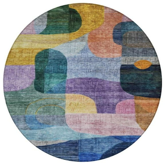 HomeRoots 604362 8 ft. Blue, Purple & Green Round Abstract Washable Indoor & Outdoor Area Rug