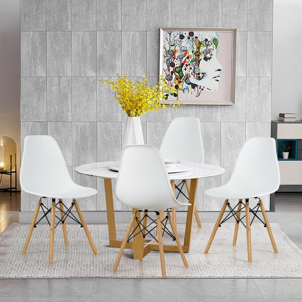 Gymax Set of 4 Modern Dining Side Chair Armless Home Office w/ Wood Legs White