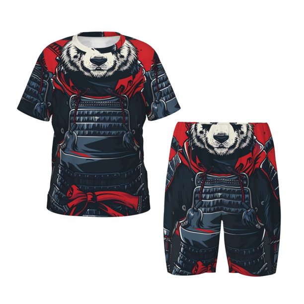 Balery Red Black Eastern Panda Warrior Conjunto de Pijama Infantil de Manga Corta con Estampado – Ropa de Dormir de Algodón Suave-Large