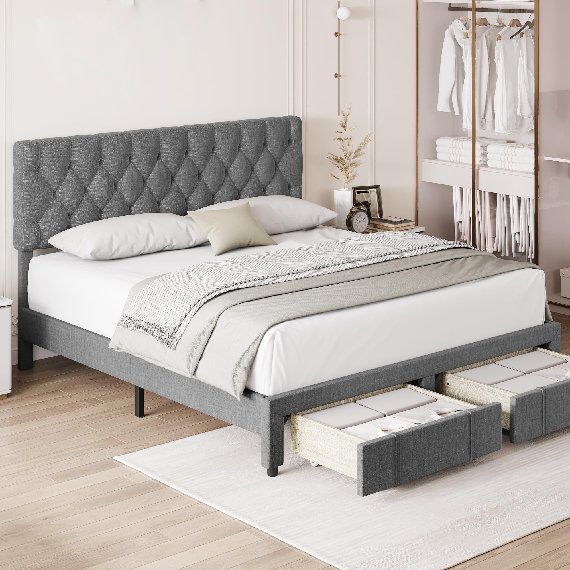 Bed Frame,Upholstered Platform Bed Frame with Storage Drawers On Wheels