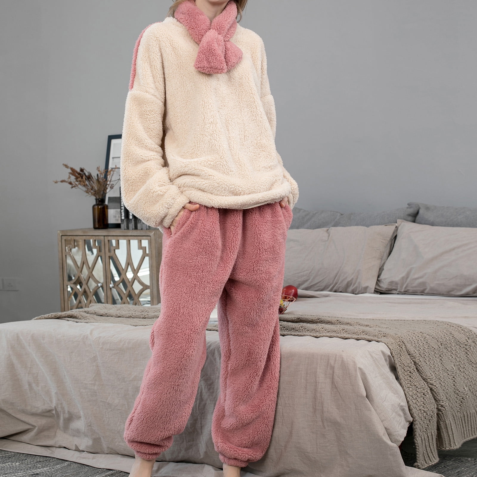 Blvb Womens Winter Pajama Set Flannel Long Sleeve Tops Pockets Long Pants Scarf Sleepwear 3 Piece Soft Pjs Lounge Sets Red