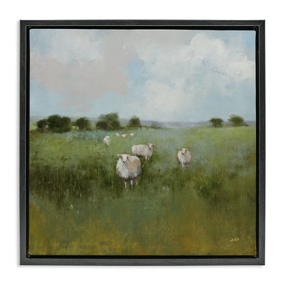 Stupell Industries Quiet Pasture with Sheep Landscape & Nature Painting Black Floater Framed Canvas Art Print Wall Art, 18 x 18