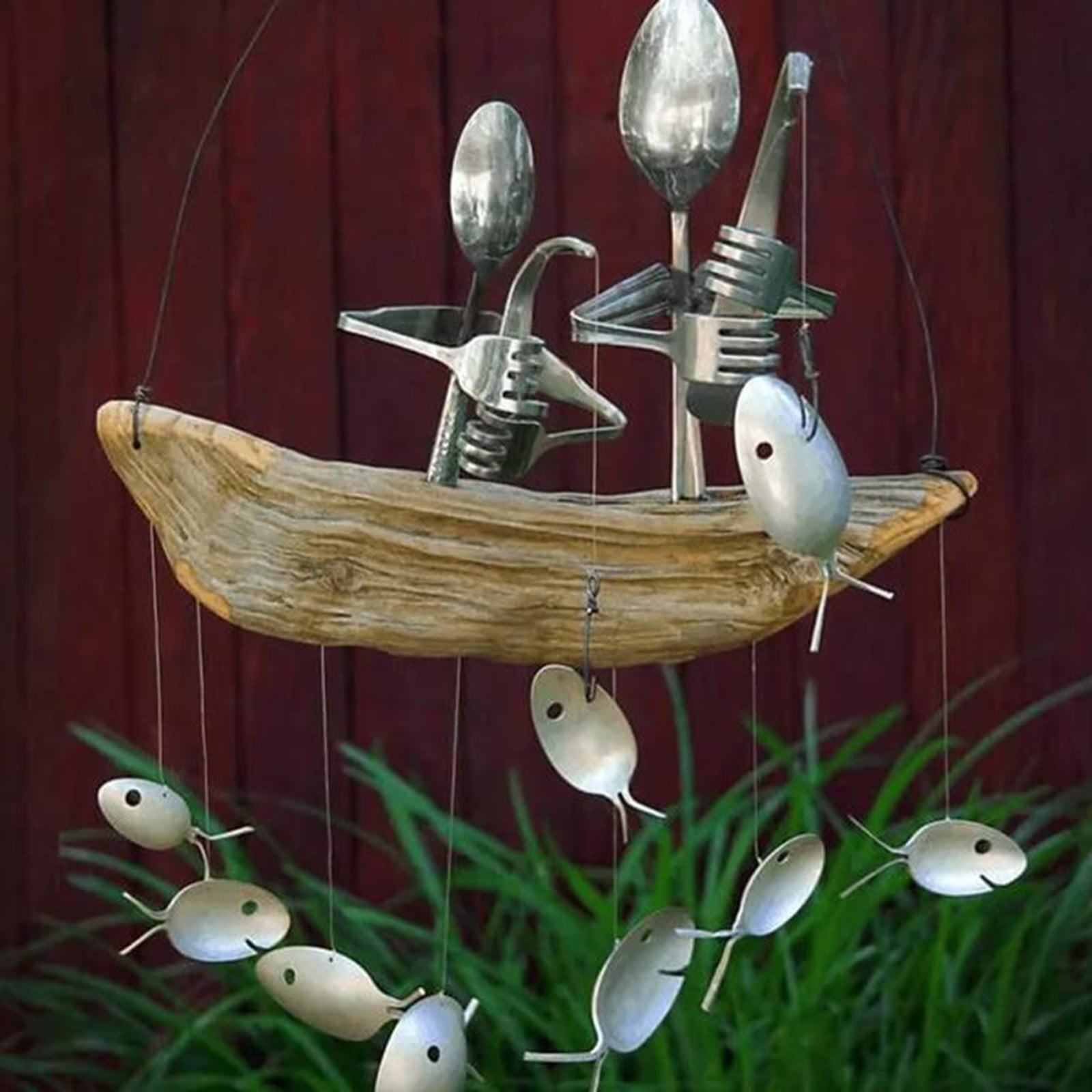 Fishing Man Wind Chime Spoon Fish Sculptures Windchime Indoor Outdoor Home Garden Decor Hanging Ornament Gifts large wind chimes wind chime supplies wind chime stand small wind chimes beach wind feng