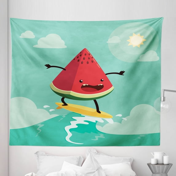 Surf Tapestry, Watermelon Riding the Waves Surfing in the Ocean Popular Summer Activity, Fabric Wall Hanging Decor for Bedroom Living Room Dorm, 5 Sizes, Red Green Yellow, by Ambesonne