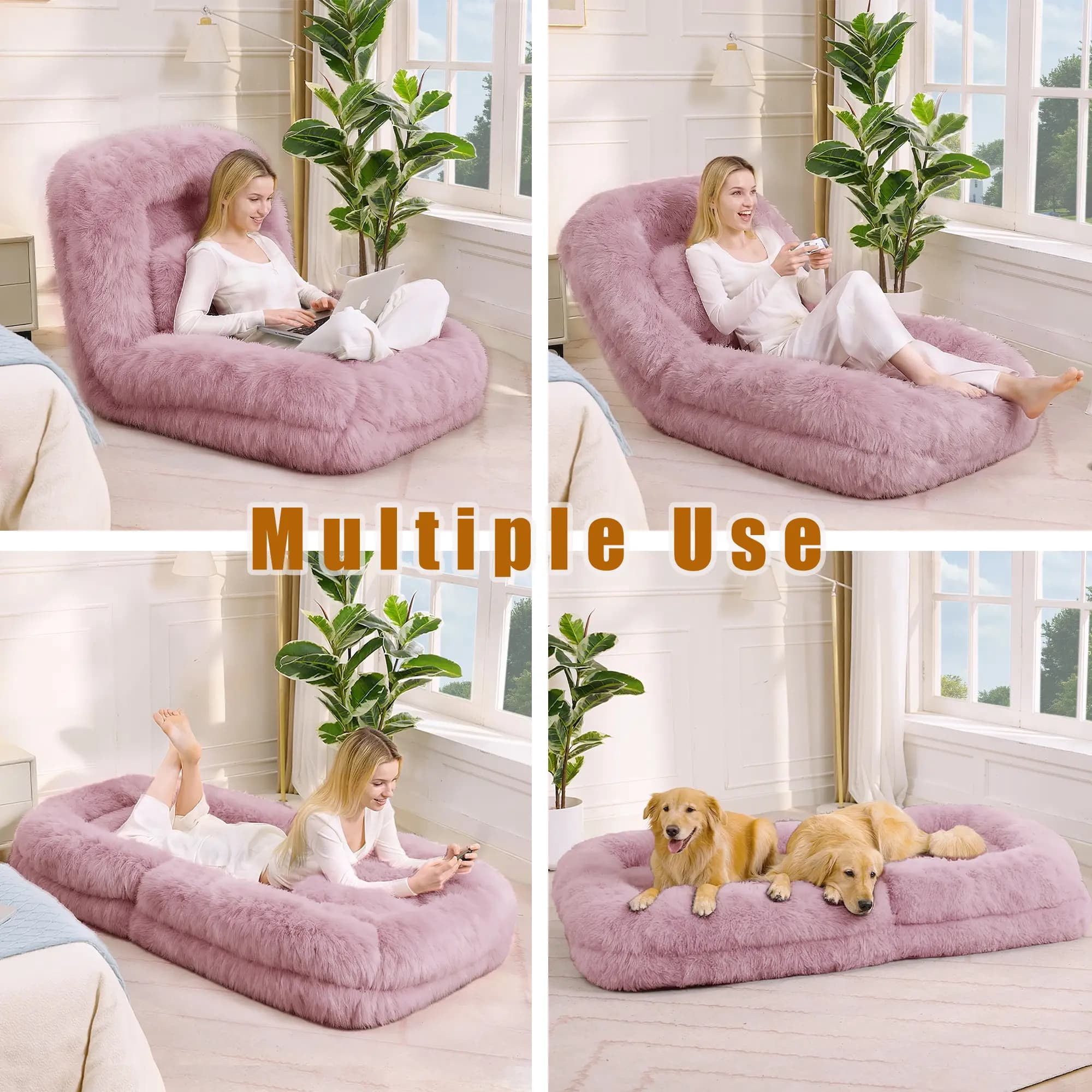 Aukfa Fold Lazy Sofa Bed, Floor Chair Small Couch with 5 Adjustable for Living Room, Plush Fabric,Pink