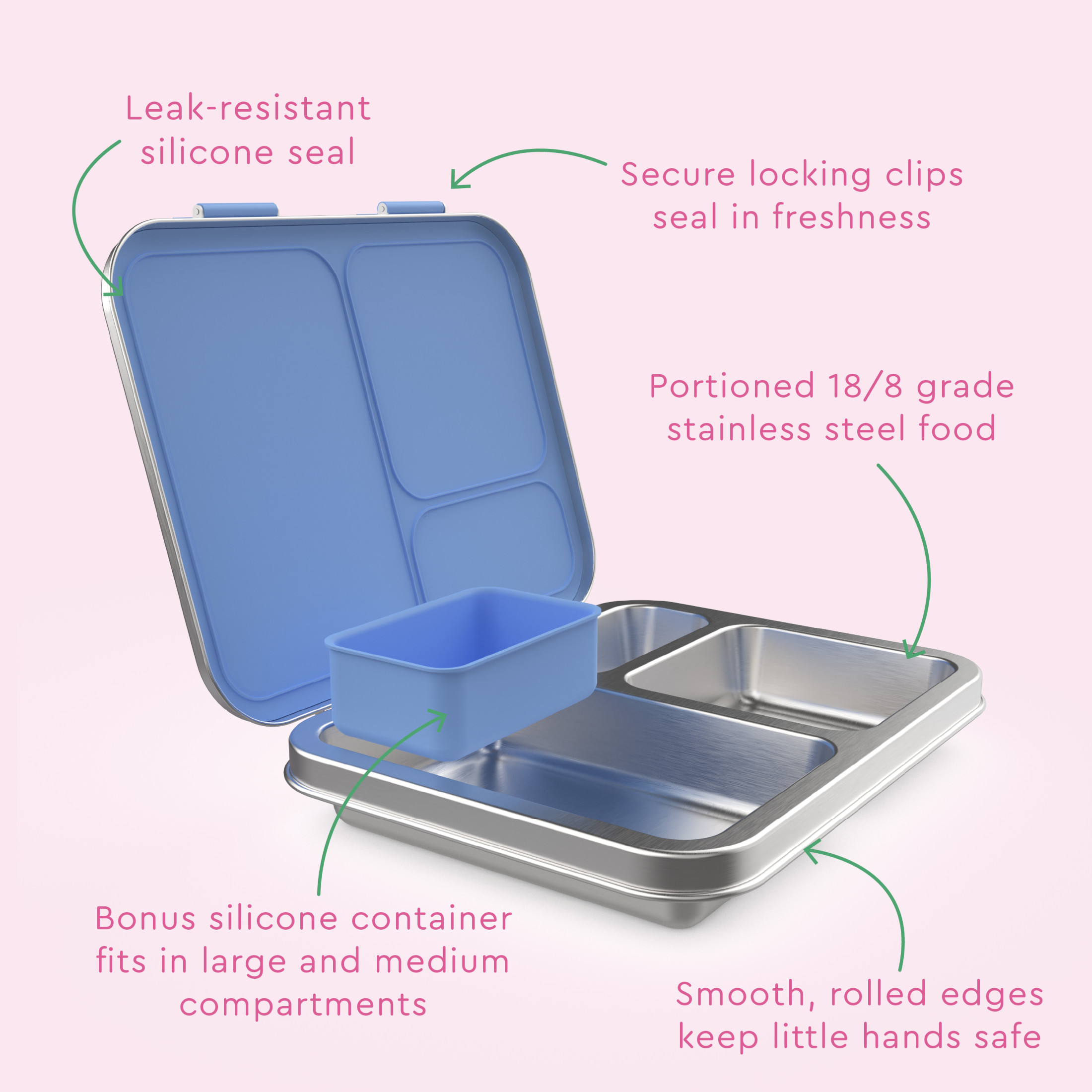 Bentgo Kids Stainless Steel Prints Leak-Resistant Lunch Box - 3-Compartments with Silicone Container, Durable, Eco-Friendly, Dishwasher Safe, for School, Ages 3+ (Rainbows & Butterflies)