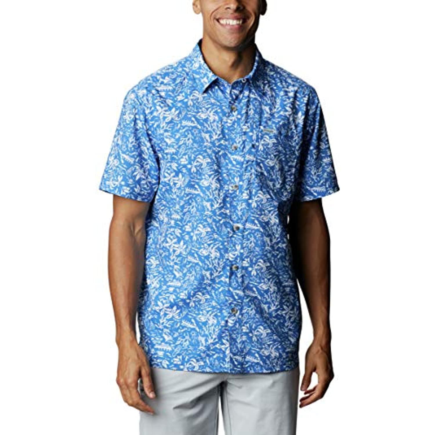 Moisture WIcking Columbia Men’s Super Slack Tide Camp Shirt X-Large Short Sleeve Vivid Blue Kona Print