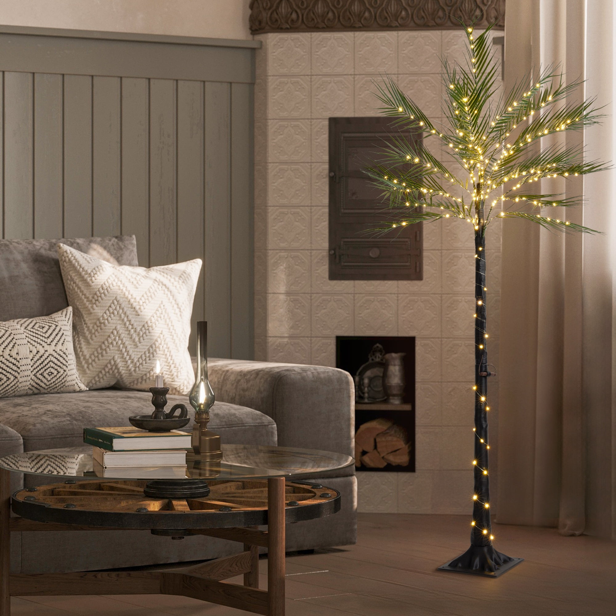Lighted Artificial Palm Tree 6FT Fairy Lights, Faux Plant Tree with Lights, Artificial Silk Palm Tree Plant, Fake Tropical Plant, Home Office Floor Room Decor Plants Indoor Outdoor, Housewarming Gift