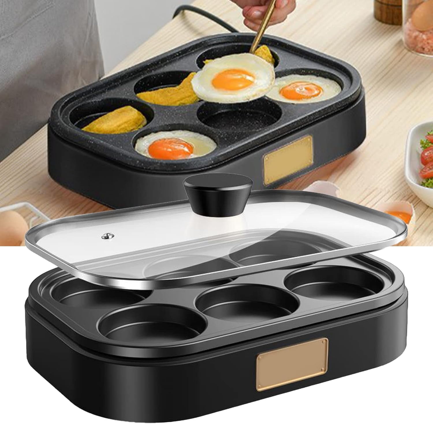 WJSP Electric Egg Cooker 6 cup Black Non Stick Frying Pan for Breakfast Lunch Dinner