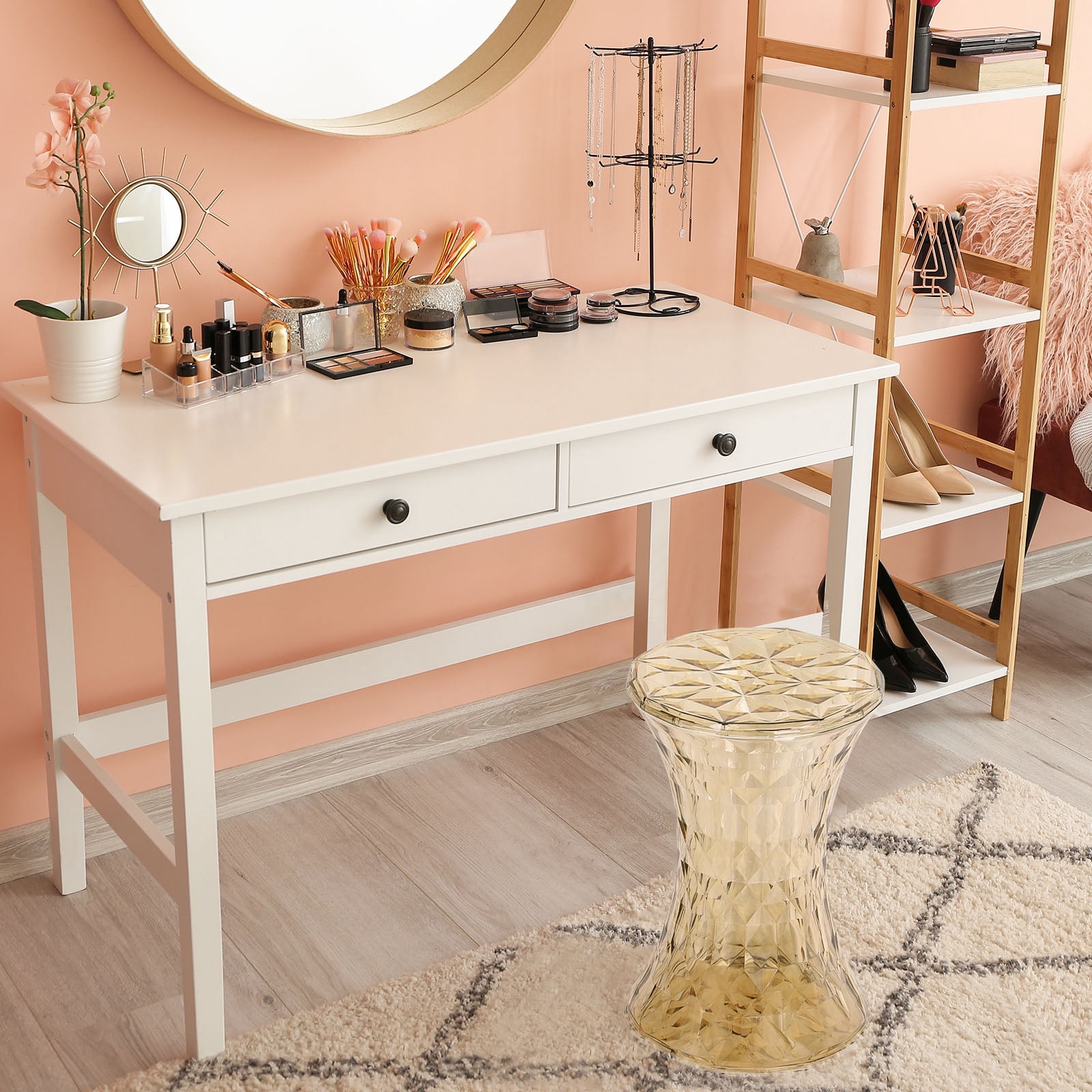 Plastic Hourglass Side Table Bedroom Nightstand, Transparent Gold