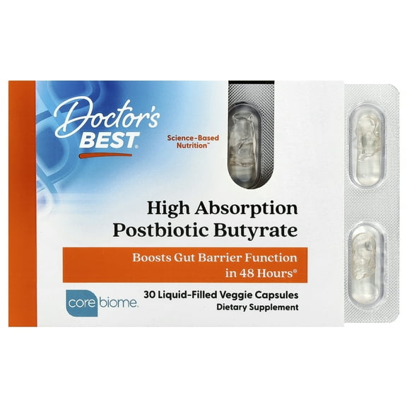 Doctor's Best High Absorption Postbiotic Butyrate, 30 Liquid-Filled Veggie Capsules (300 mg per Capsule)