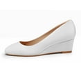 thumbnail image 2 of FSJ Women Round Toe Mid Wedge Heels Slip on Solid Color Pumps Comfortable Shopping Date Shoes Size 6.5 White, 2 of 4