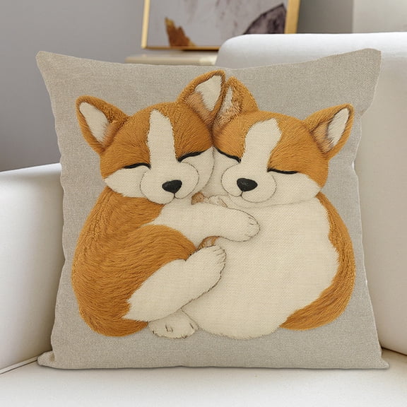 Short Lint Dogs Embroidery Pillow Cover - Aesthetic 2D Printed Decorative Throw Pillowcase, No Insert Sofa Bedroom Living Room Pillow Cover, Cute Easter Gifts & Home Decor Cushion Case, 18*18in, G