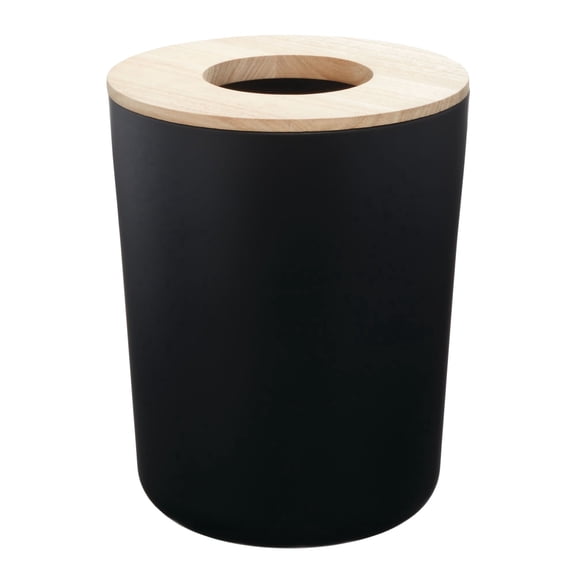 iDesign Bathroom Vanity Trash Can, 2.2 Gallon Round Steel and Wood Lid Garbage Bin, Black