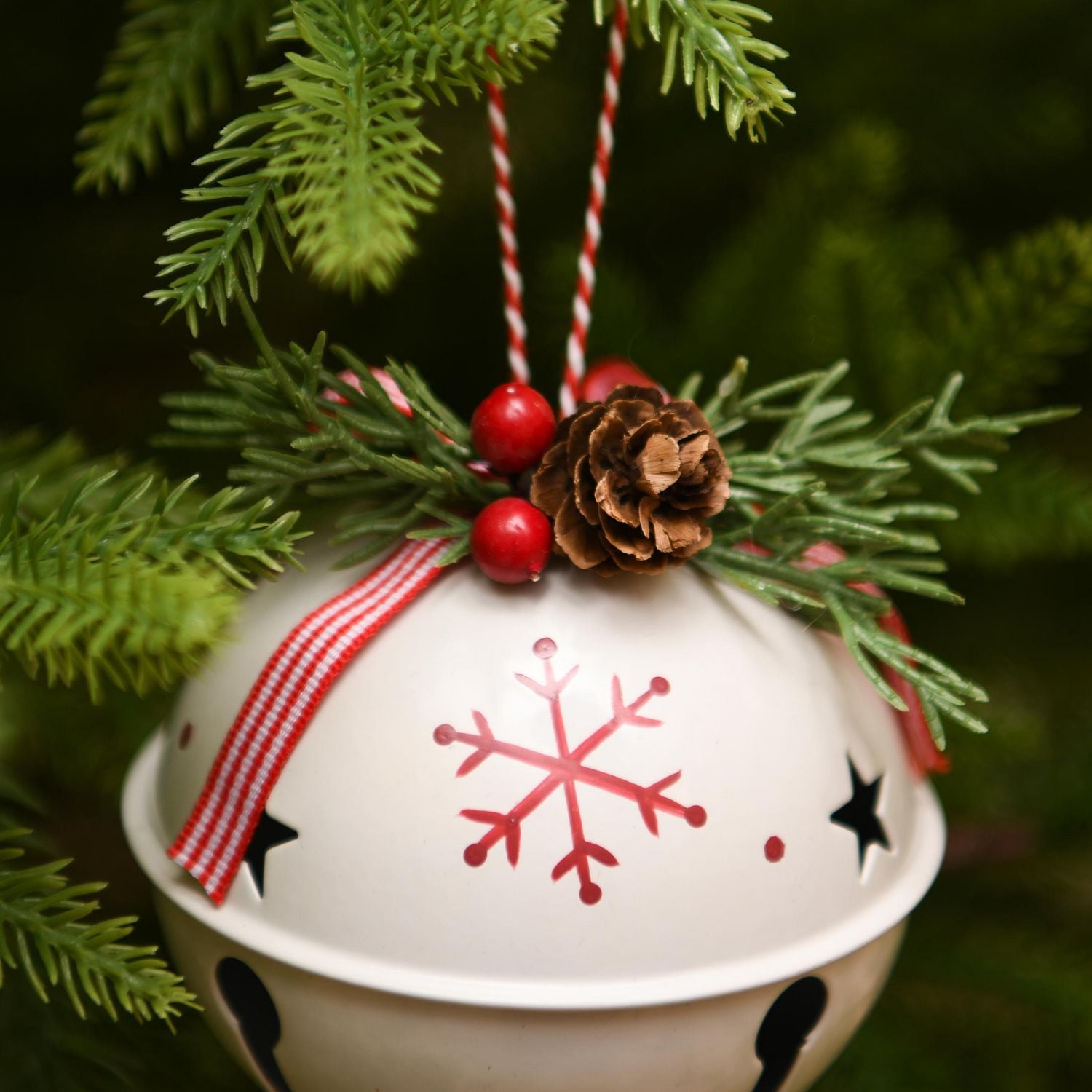 Holiday Time Winter Chalet Jingle Bell with Red Snowﬂake Ornament, White