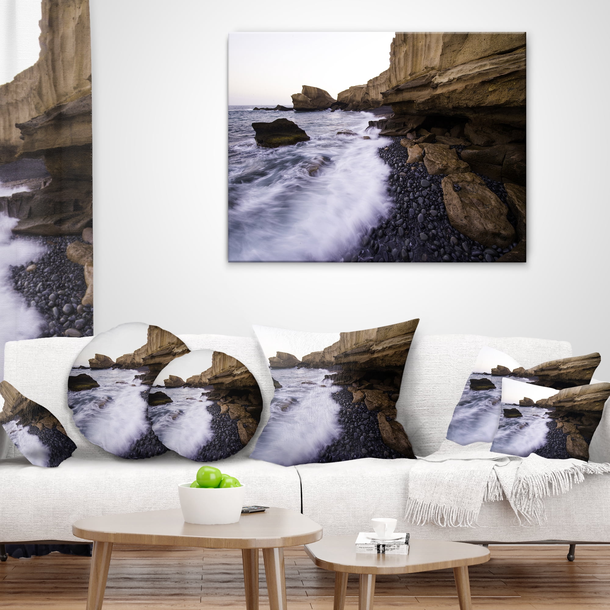 Designart Rolling Stones at Beach - Seashore Photo Throw Pillow - 16x16