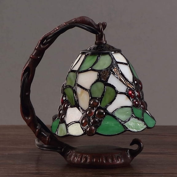 L10035 Grapes Tiffany Style Stained Glass Table Lamp with 6-inch Wide Lampshade Hanging on The Base (Green)