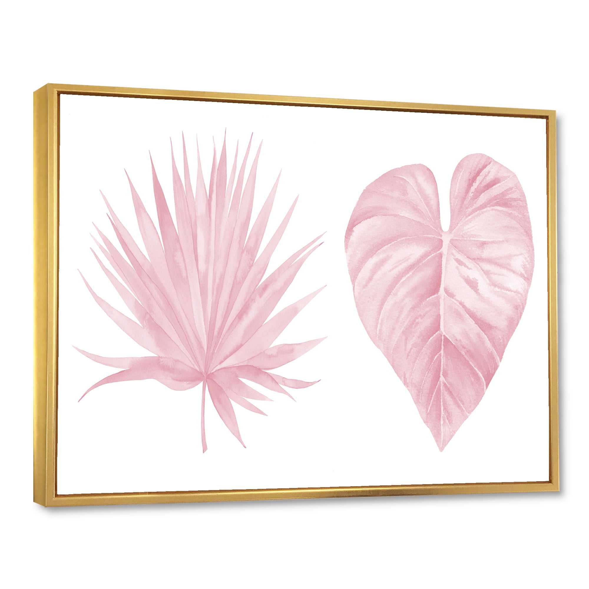 Designart 'Tropical Pink Watercolour Leaves On White II' Shabby Chic Framed Canvas Wall Art Print