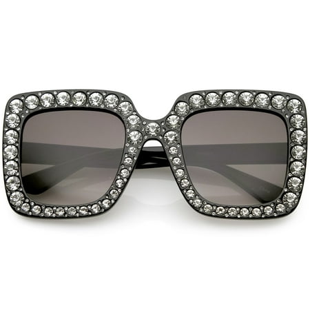 Designer Oversize Square Sunglasses Crystal Rhinestone Gradient Lens 52mm (Black / Lavender)