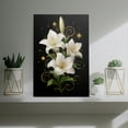 thumbnail image 4 of 1pc Elegant White Lily Flowers with Golden Sparkles and Swirls on Black Background Framed Decor room hanging Wall Picture Decor for Home Gifts, living room, bathroom, bedroom, kitchen wall art decor, 4 of 8