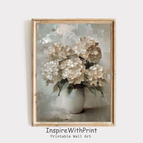 Vintage White Hydrangea Poster, Moody Flower Vase, Cottage Core Farmhouse Art Neutral Wall Art, Hydrangea Wall Art Decor Home Decor, 8x12 UNFRAMED