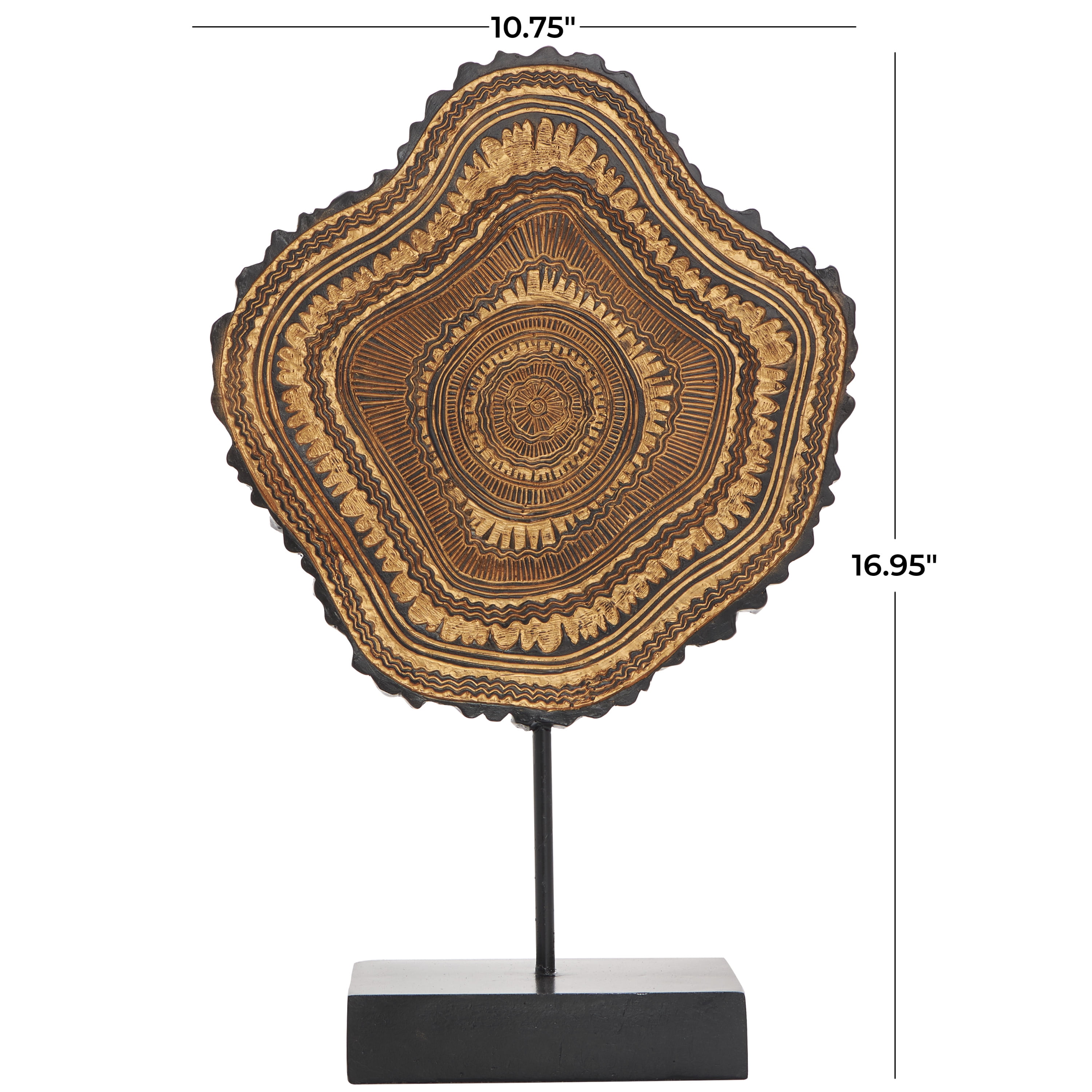 11" x 17" Brown Resin Abstract Carved Tribal Sculpture with Black Stand and Wavy Edge, by DecMode