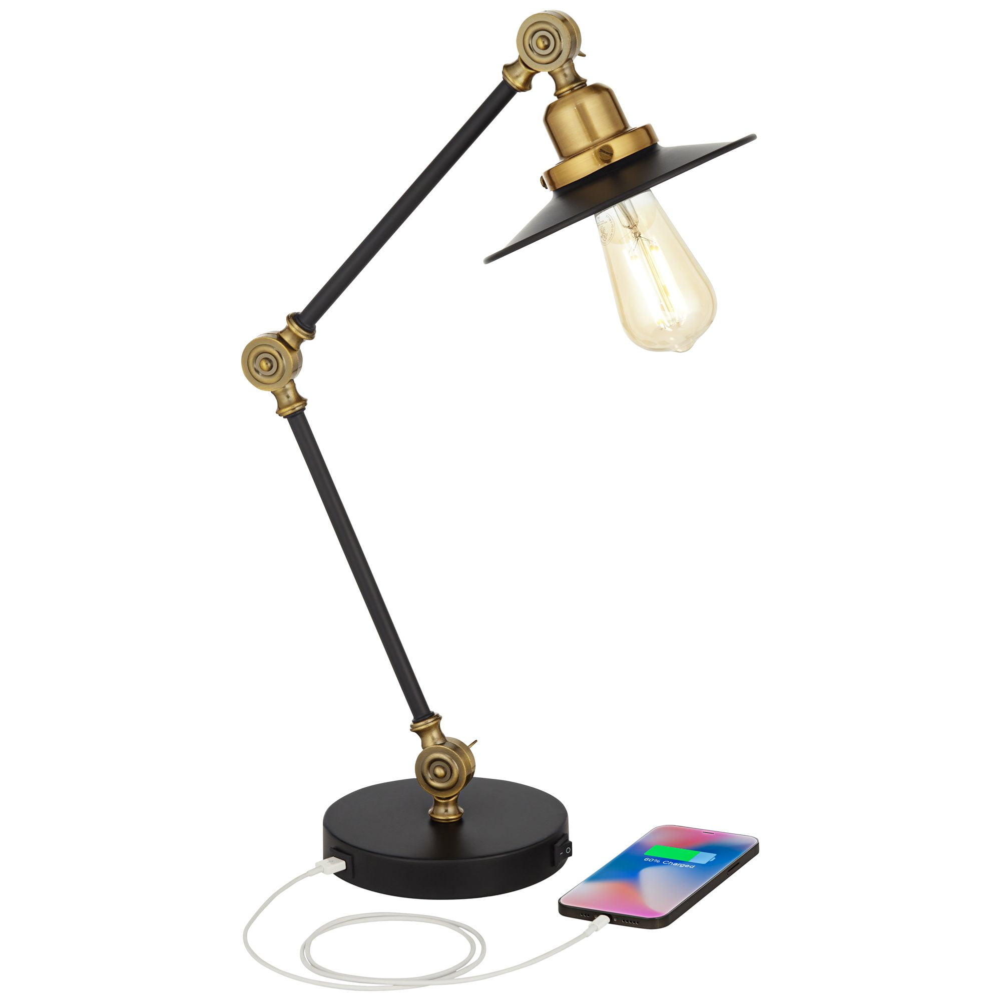 360 Lighting Taurus 20" High Small Farmhouse Rustic Desk Lamps Set of 2 USB Ports Adjustable Black Gold Home Office Charging