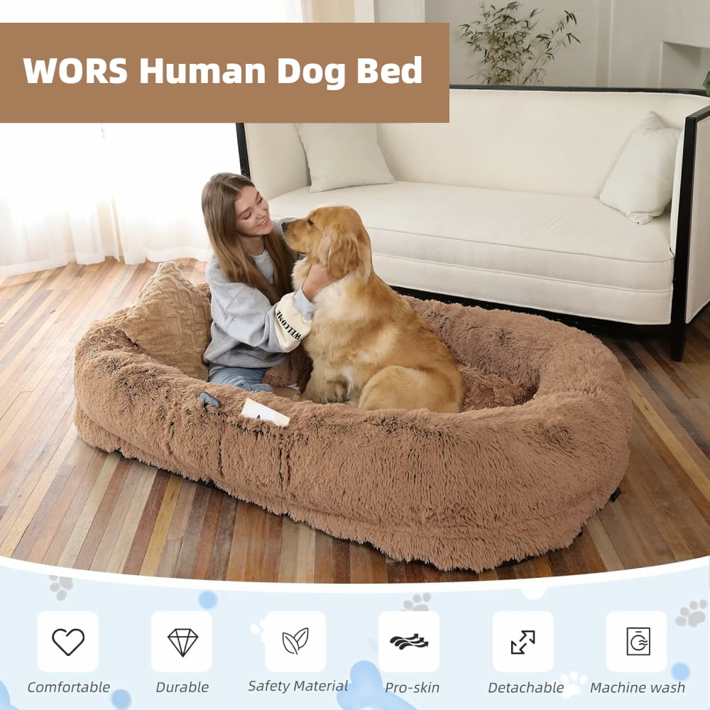 MIDODO Human Dog Bed, 72"x48"x11" Size Washable Faux Fur Giant Dog Bed for Human, Large Bean Bag Bed with Plump Pillow, Blanket, Strap