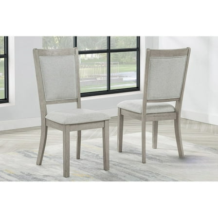 Rustic Oak Wood Dining Chair Set of 2, Fabric Upholstered Kitchen Side Chair, Gray