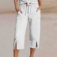 thumbnail image 2 of Hurxie Womens Capris Pants High Waist Drawstring Comfy Casual Pants Lightweight Trousers Buttons with Pockets White,2XL, 2 of 6