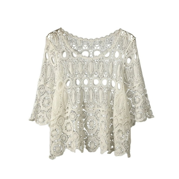 GPOECD Cover Ups for Swimwear Women Loose Crochet Lace Top Short Sleeve Boho Knit Blouse for Summer Casual Beach Outing and Womens Swimsuits White,One Size