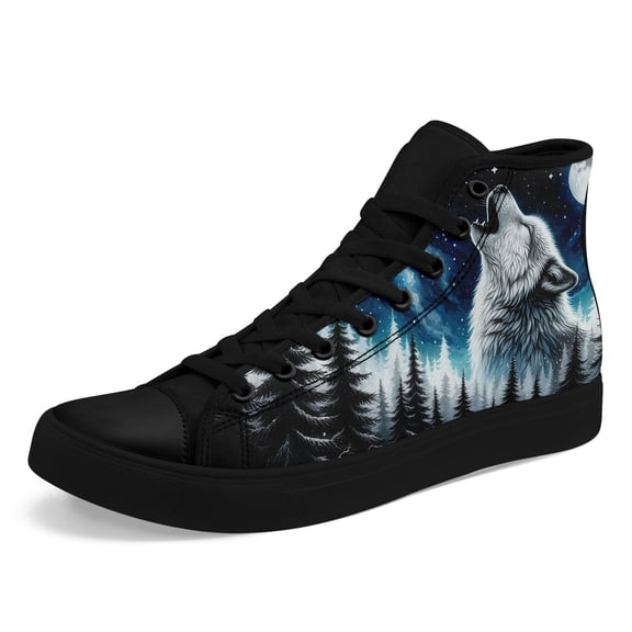 Coolcustomize Men's Lightweight High-Top Sneakers - Lace-Up Shoes with Wolf Graphic, Urban & Outdoor Shoes, Gym, Hiking, Casual Attire - Black Synthetic Upper, Sporty Design, Breathable Fabric Lining